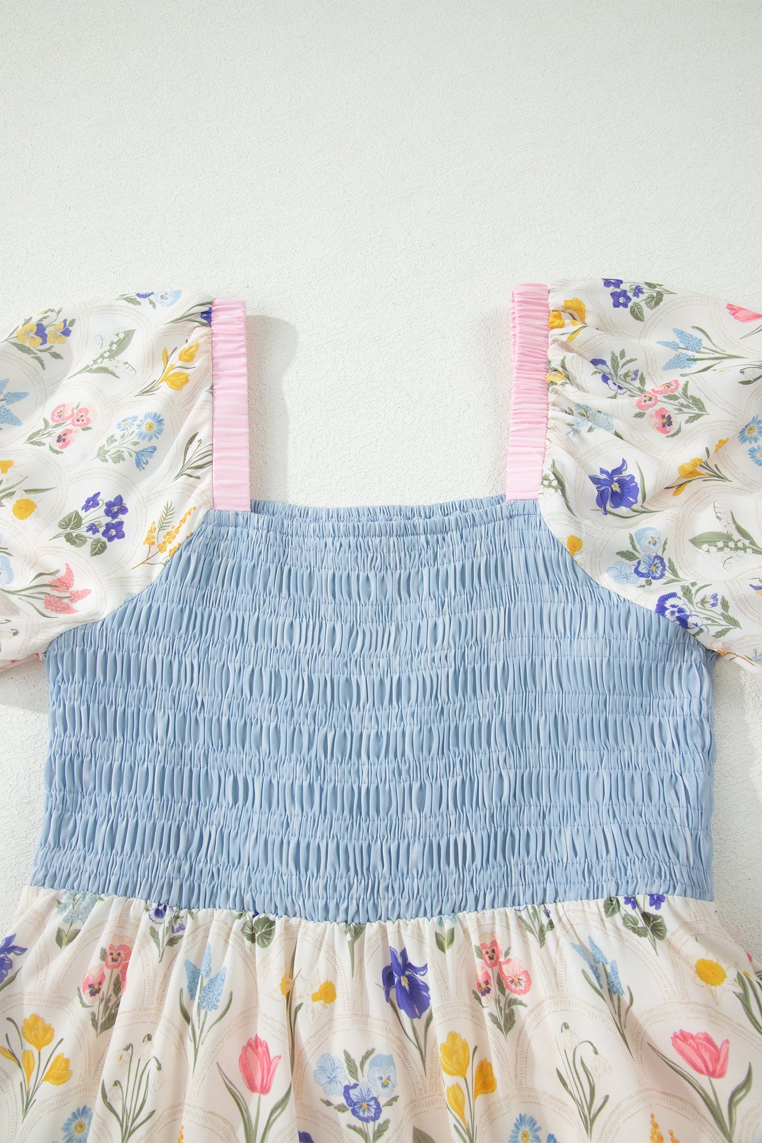 Floral Stripe Colorblock Square Neck Shirred Dress