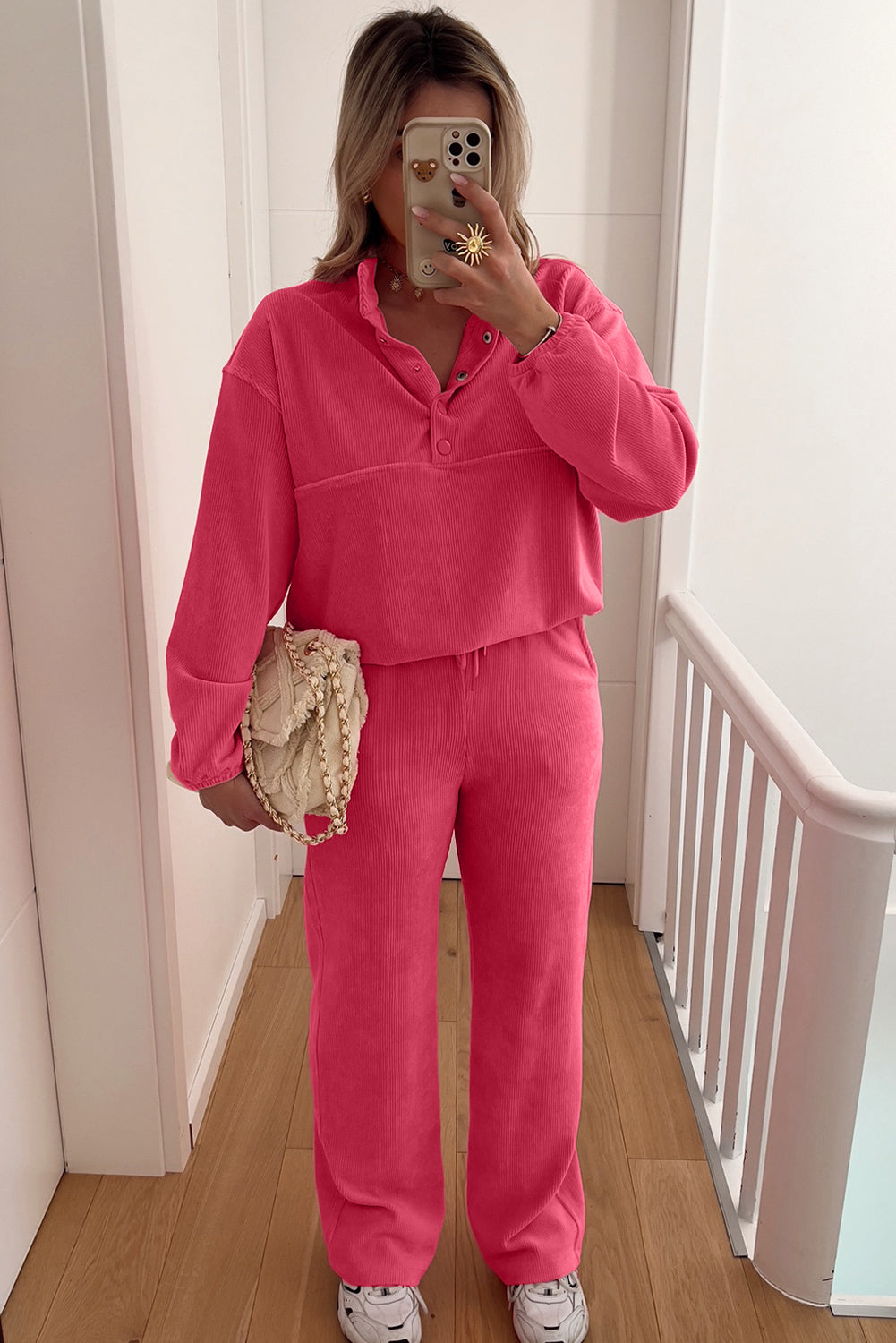 Peach Blossom Corduroy Set: Half Button Pullover & Drawstring Pants