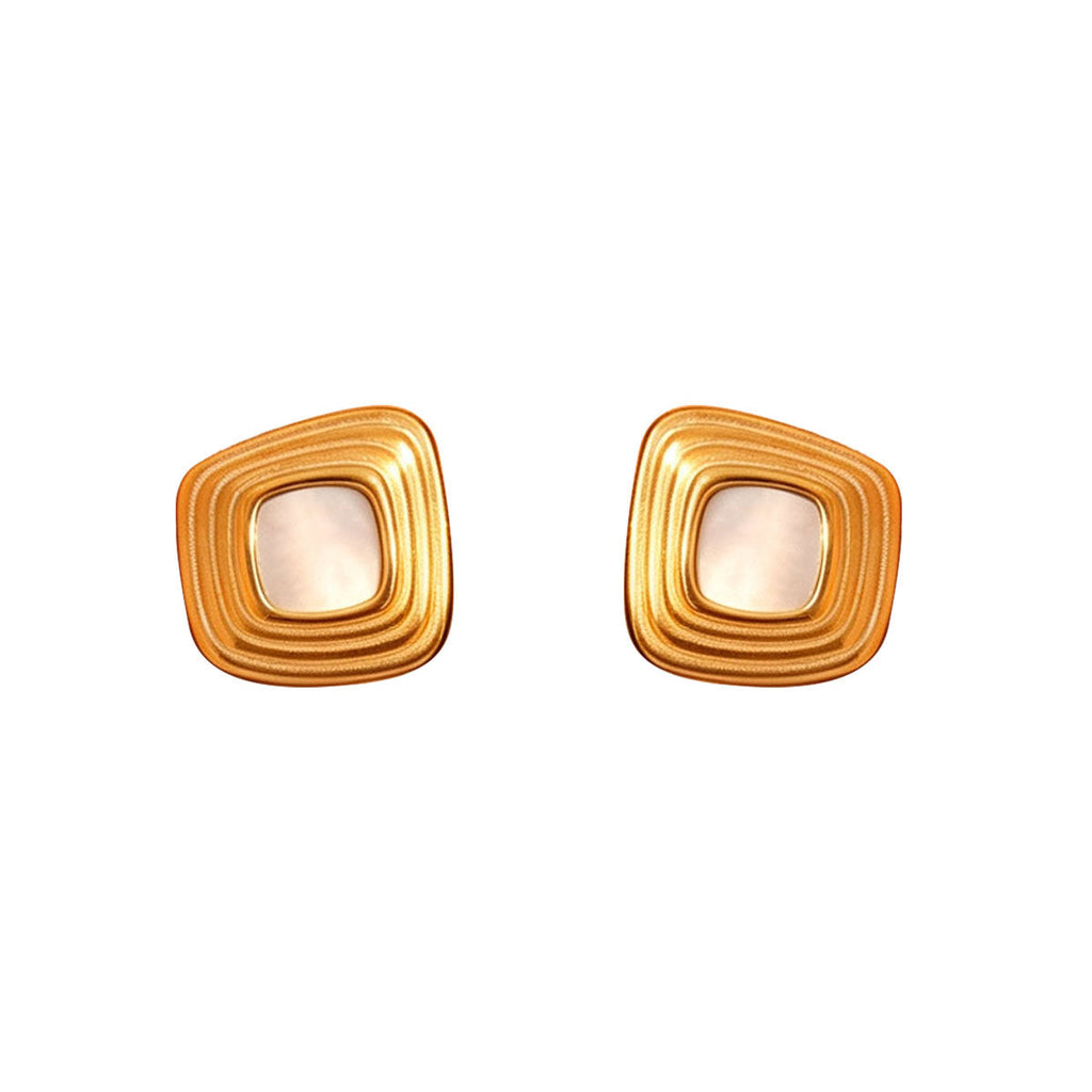Women Multi Wave Square Faux Shell Stud Earrings, PVD Gold Plated Minimalist Vintage Daily Office Gift Jewelry
