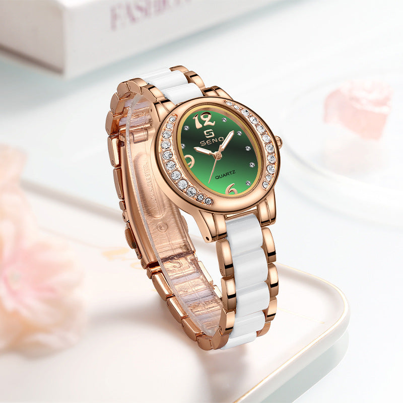New Womens Watch Stylish Oval Diamond Encrusted Waterproof Quartz Timepiece With A Luminous Dial