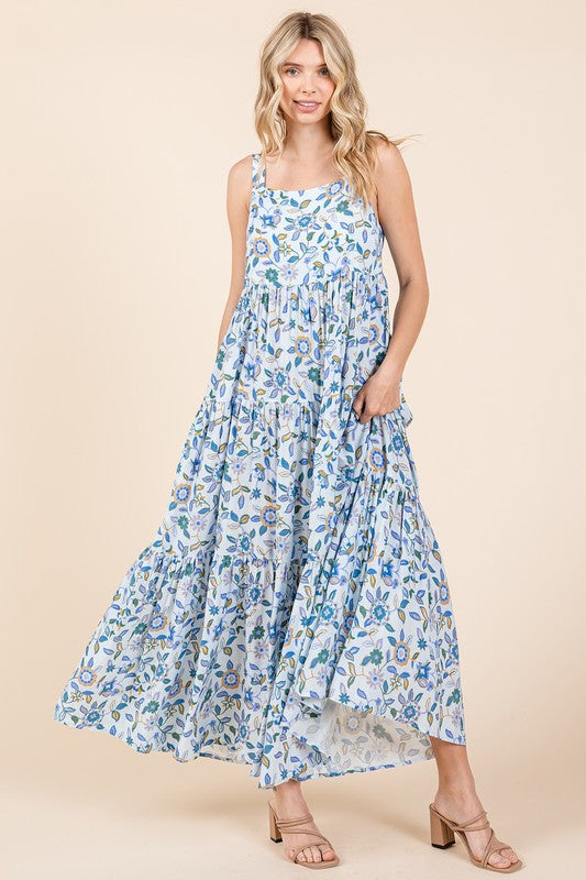 Floral Print Tiered Sleeveless Empire Maxi Dress for Women