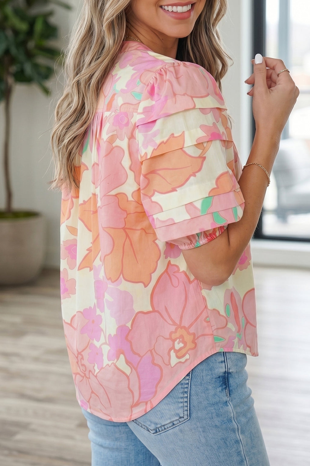 Floral Pintuck Short Sleeve Cotton Blouse in Pink Cream Peach