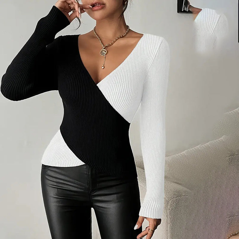 Women's V-Neck Cross Front Color Block Knit Sweater