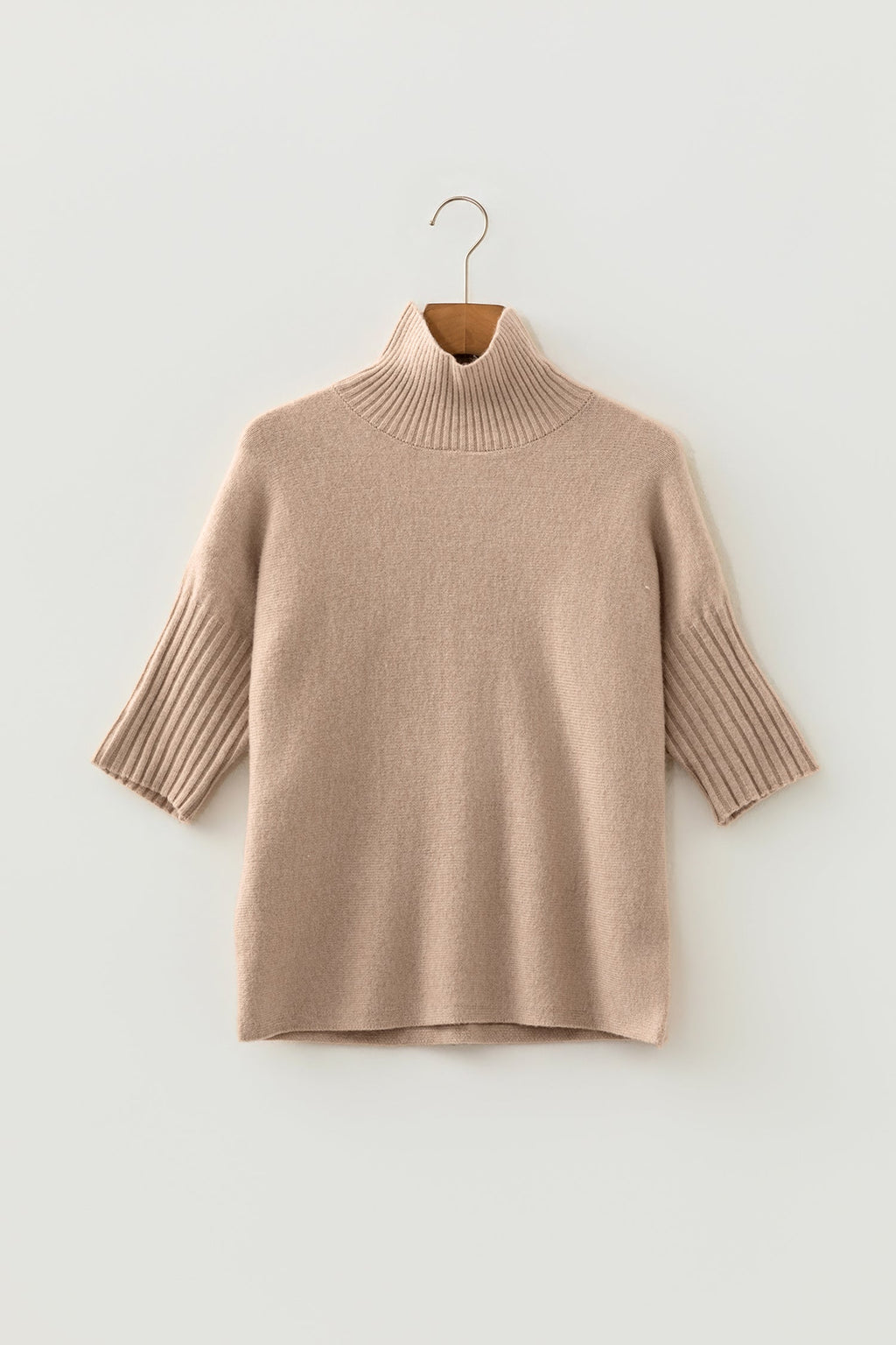 Beige Ribbed Trim High Neck Short Sleeve Casual Sweater