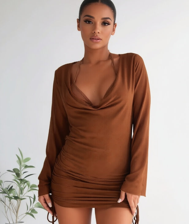 Solid brown two-piece bikini set for women, minimalist beach style.