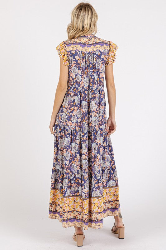 Floral Ruffled Notched Cap Sleeve Maxi Summer Dress