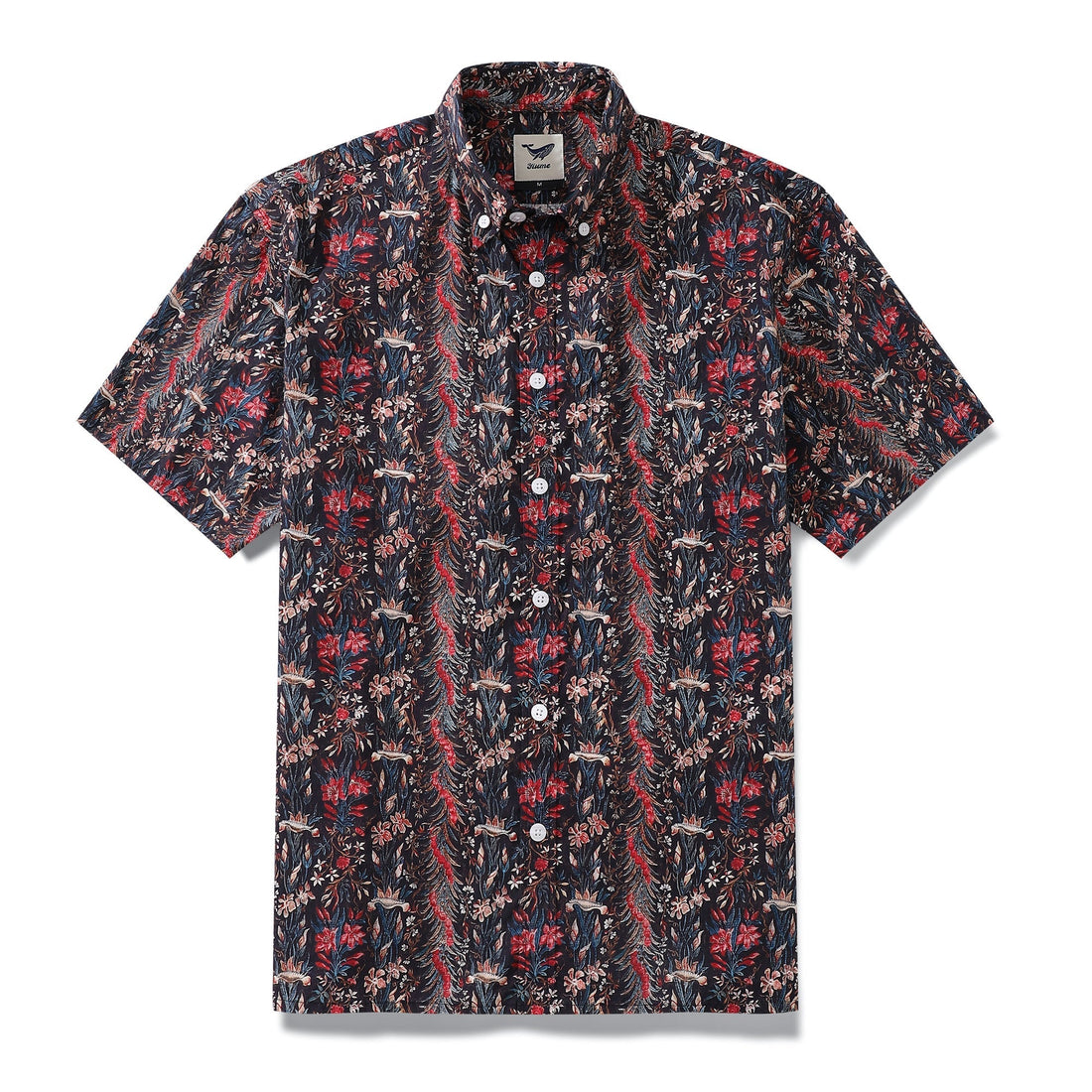 Men's short sleeve Hawaiian shirt with vibrant red and blue Iris floral print on a black background.