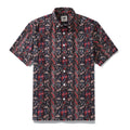 Men's short sleeve Hawaiian shirt with vibrant red and blue Iris floral print on a black background.