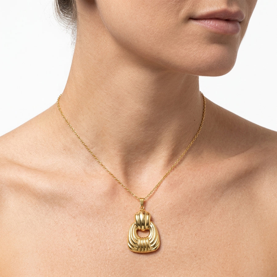 Gold Tone Stainless Steel Ribbed Textured Hollow Square Jewelry Set 2Pcs Women Pendant Necklace Drop Earrings Retro Geometric Statement Metal Jewelry Dropshipping Gift