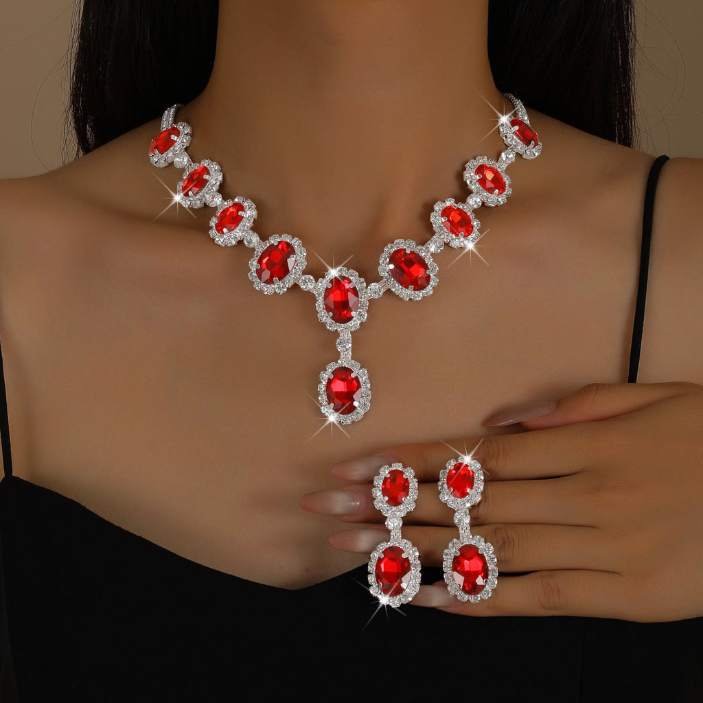 Autumn And Winter European And American Fashion Drop-Shaped Super Flash Elegant Set Chain Earrings Necklace Exaggerated Two-Piece Bridal Jewelry Wholesale