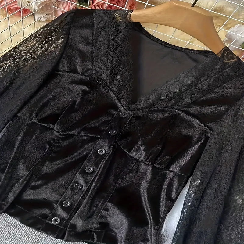 Women's Velvet Long Sleeve Blouse with Elegant Lace Trim Details