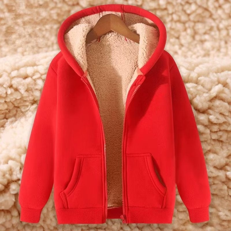 A cozy black and red zip-up hoodie featuring a soft, beige lambswool-style interior lining.