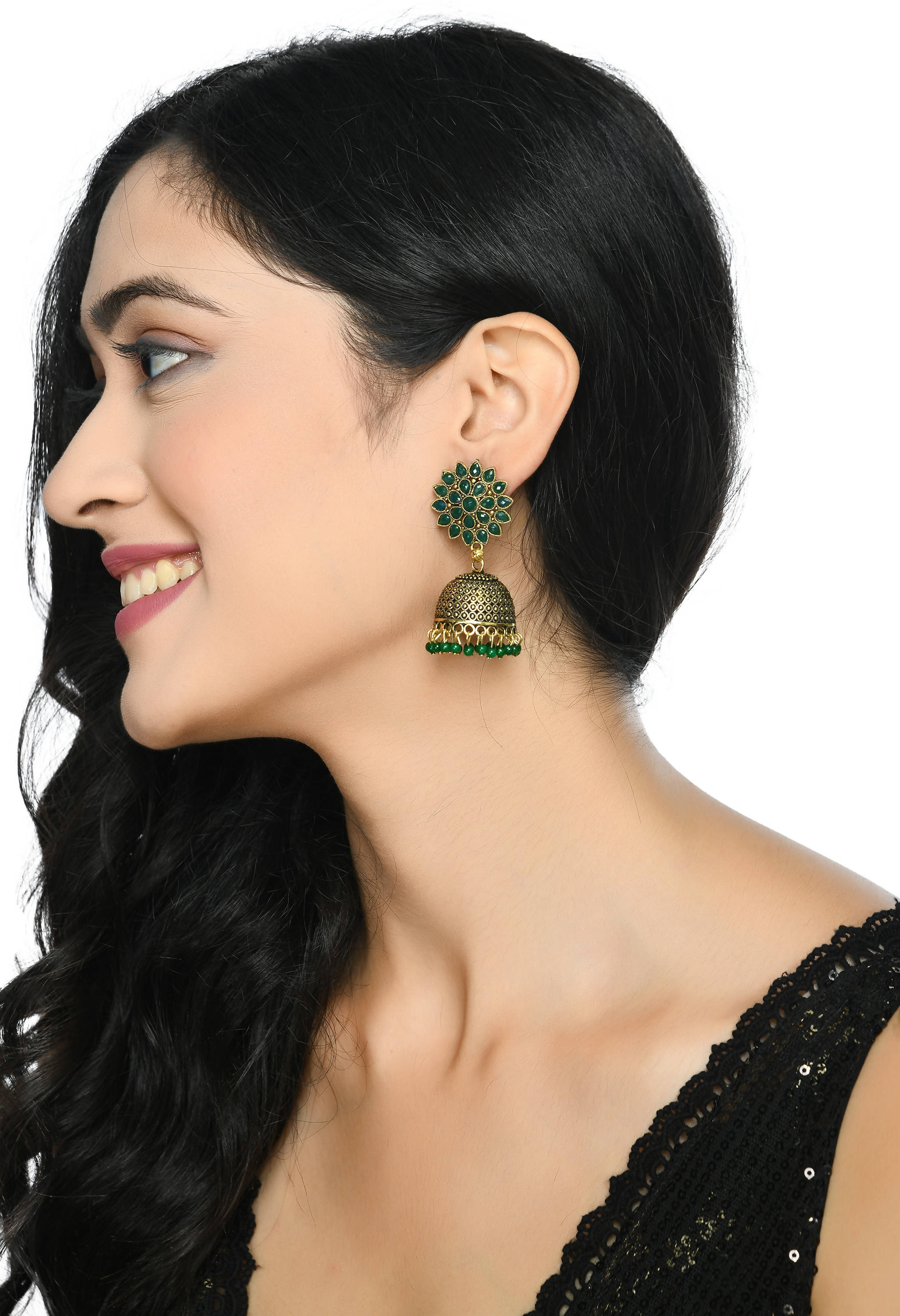 Kundan Work Jhumka Earrings with Green Beads for Girls and Women