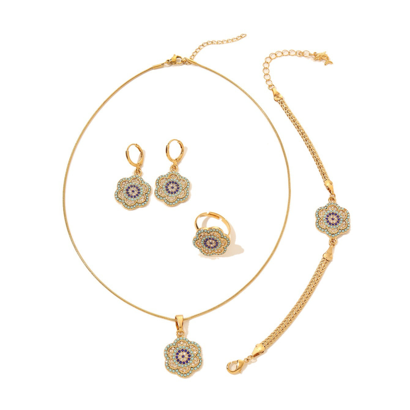 Gold-tone Turkish evil eye jewelry set with flower-shaped blue enamel charms including a necklace, bracelet, and earrings.