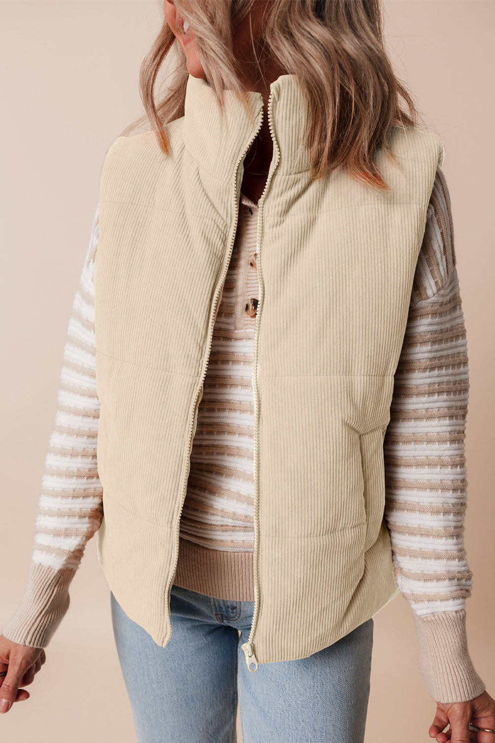 Women's Corduroy Stand Neck Zipped Puffer Vest Cropped Outerwear