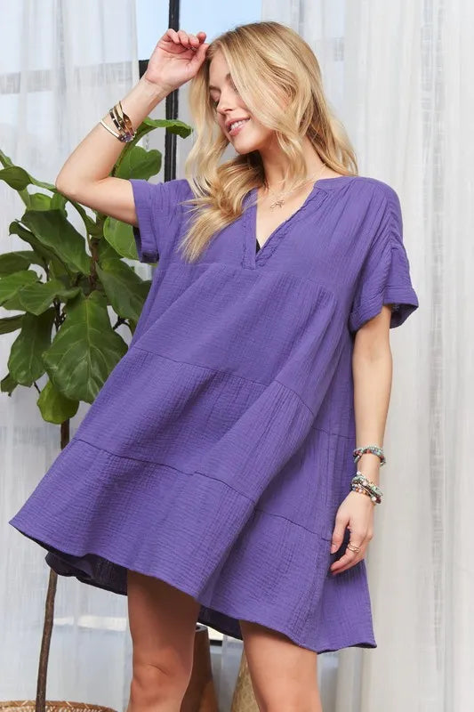 Tiered Notched Neck Short Sleeve Cotton Dress - Purple