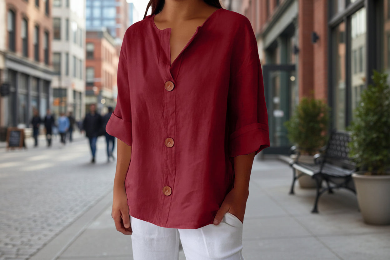 Women's V-Neck Cotton Linen Blouse with Button Front