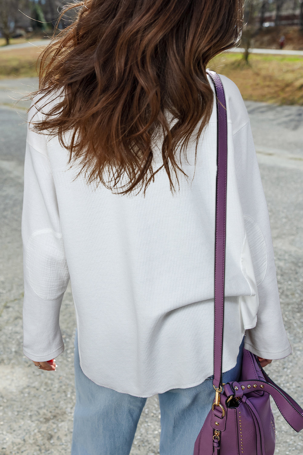 White Waffle Knit Dolman Sleeve Oversized Patchwork Top