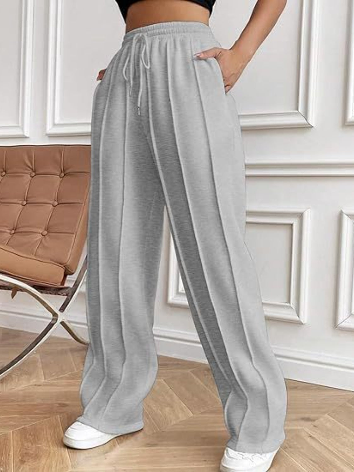 Women's High-Waisted White Drawstring Wide Leg Pants with Pockets - Image 10