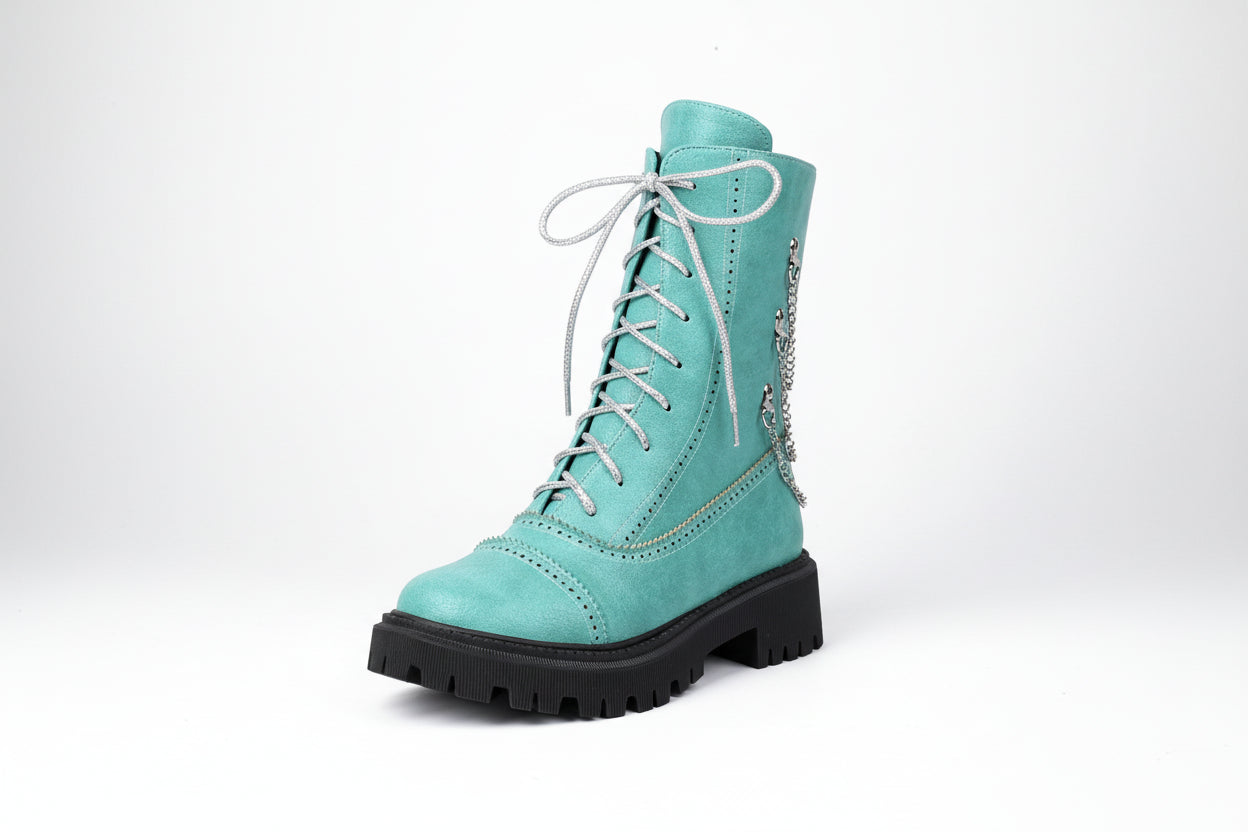 Women's Lace-Up Mid-Calf Chunky Heel Boots with Chain Detail - Image 4