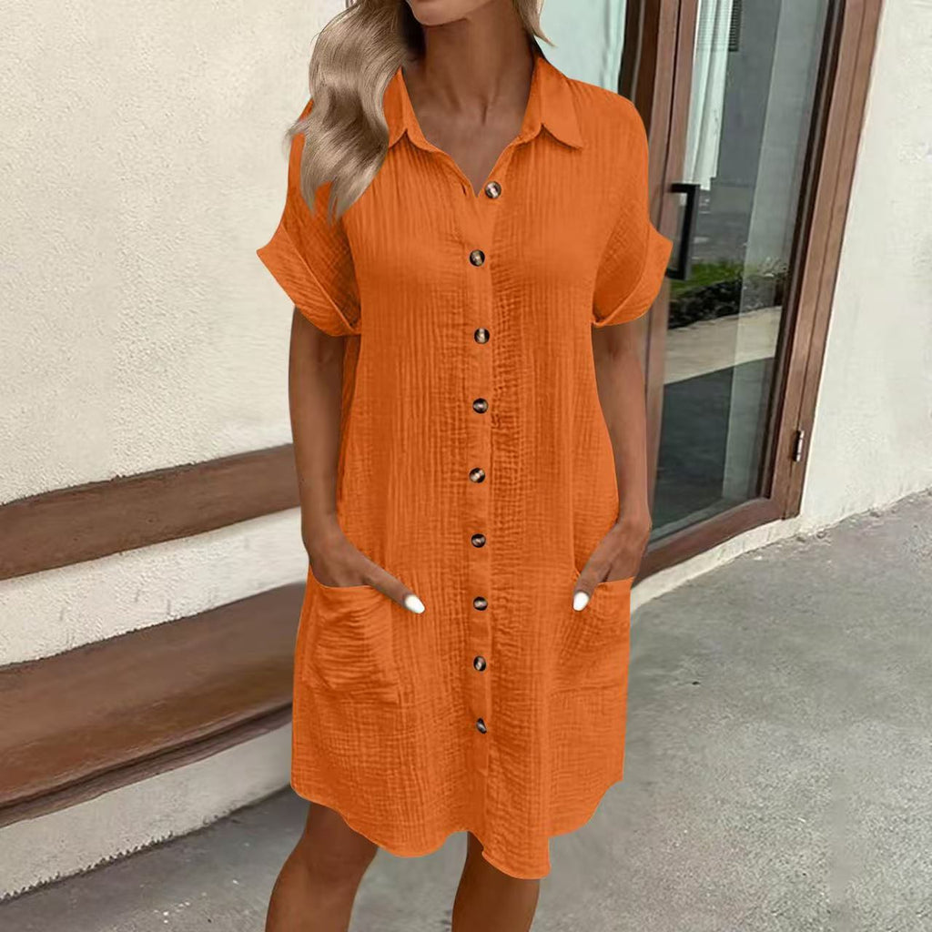 Women's Short Sleeve Button Down Midi Shirt Dress with Pockets