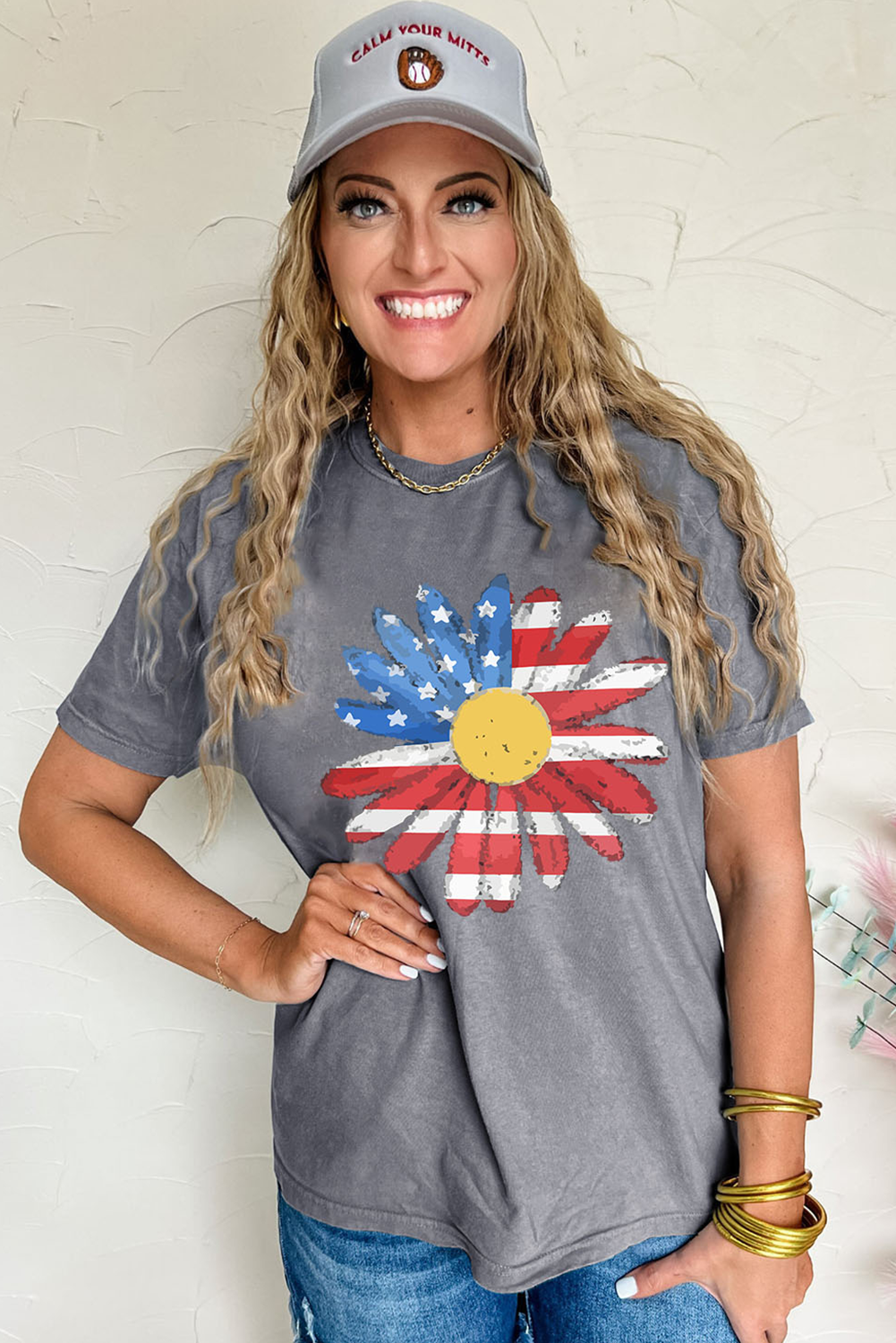 Gray Flag Pattern Sunflower Graphic Crew Neck Casual T-Shirt
