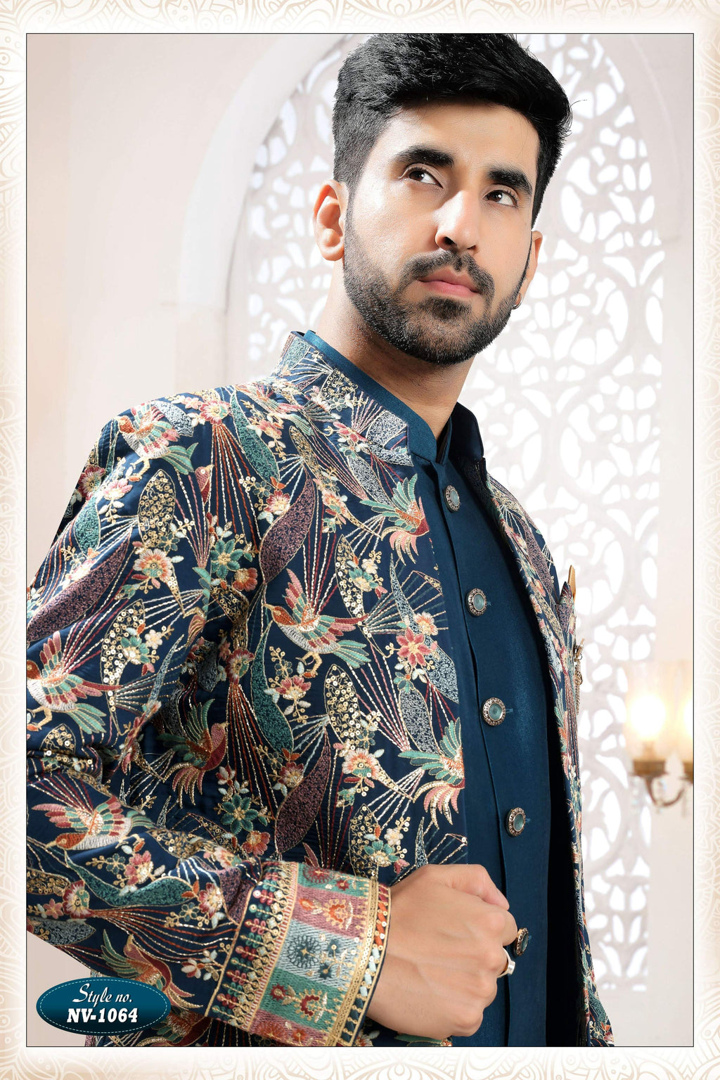 Men's Blue Silk Straight Kurta Set with Thread and Sequence Work
