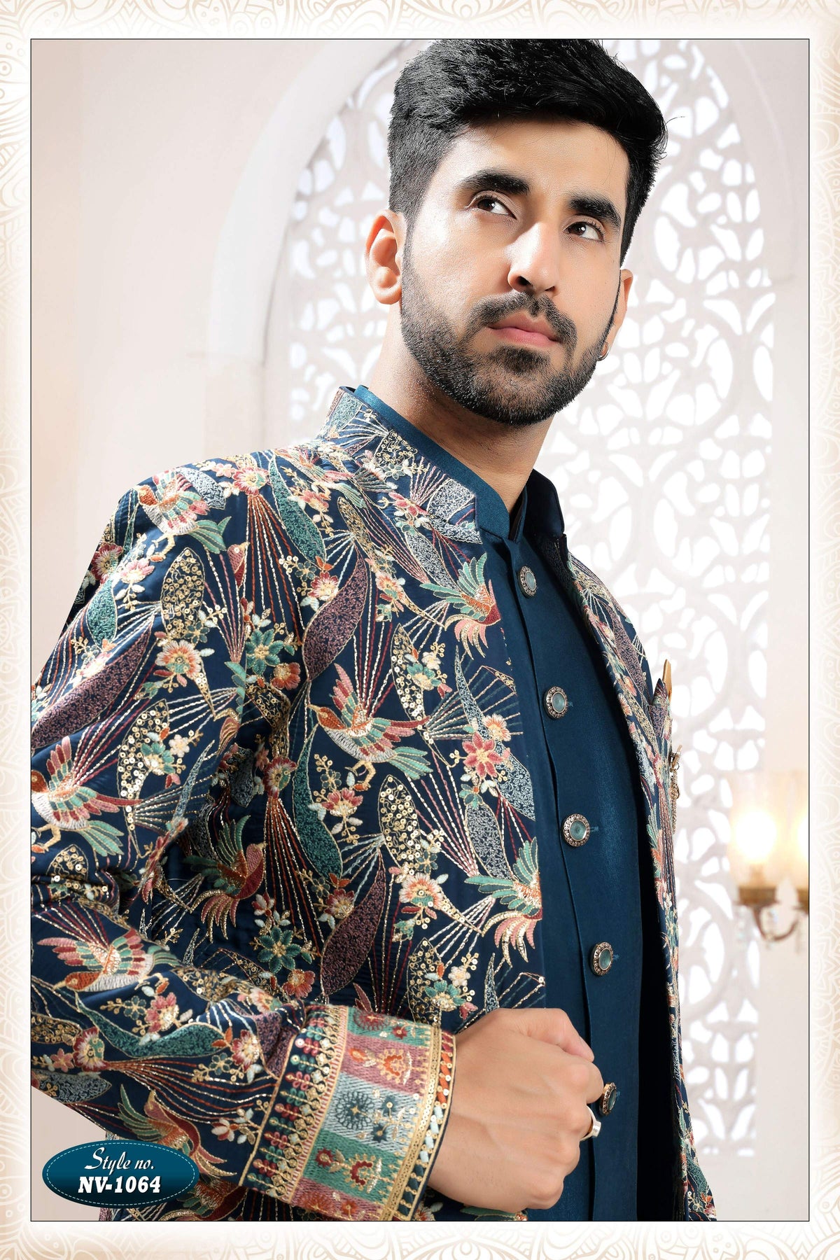 Men's Blue Silk Straight Kurta Set with Thread and Sequence Work