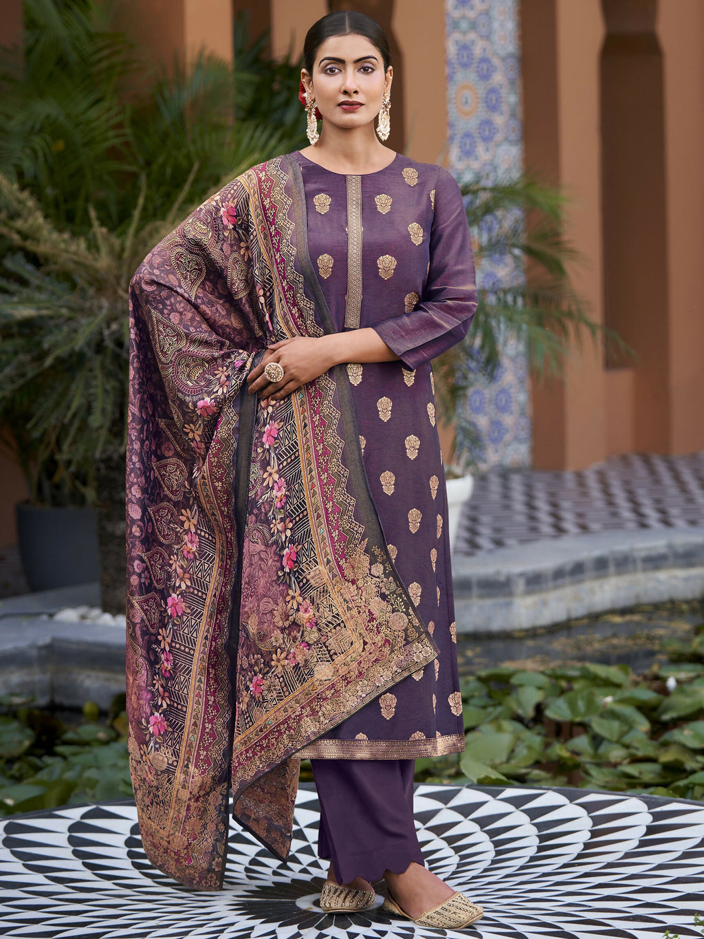 Elegant purple pure silk jacquard woven straight kurta with matching pant and dupatta
