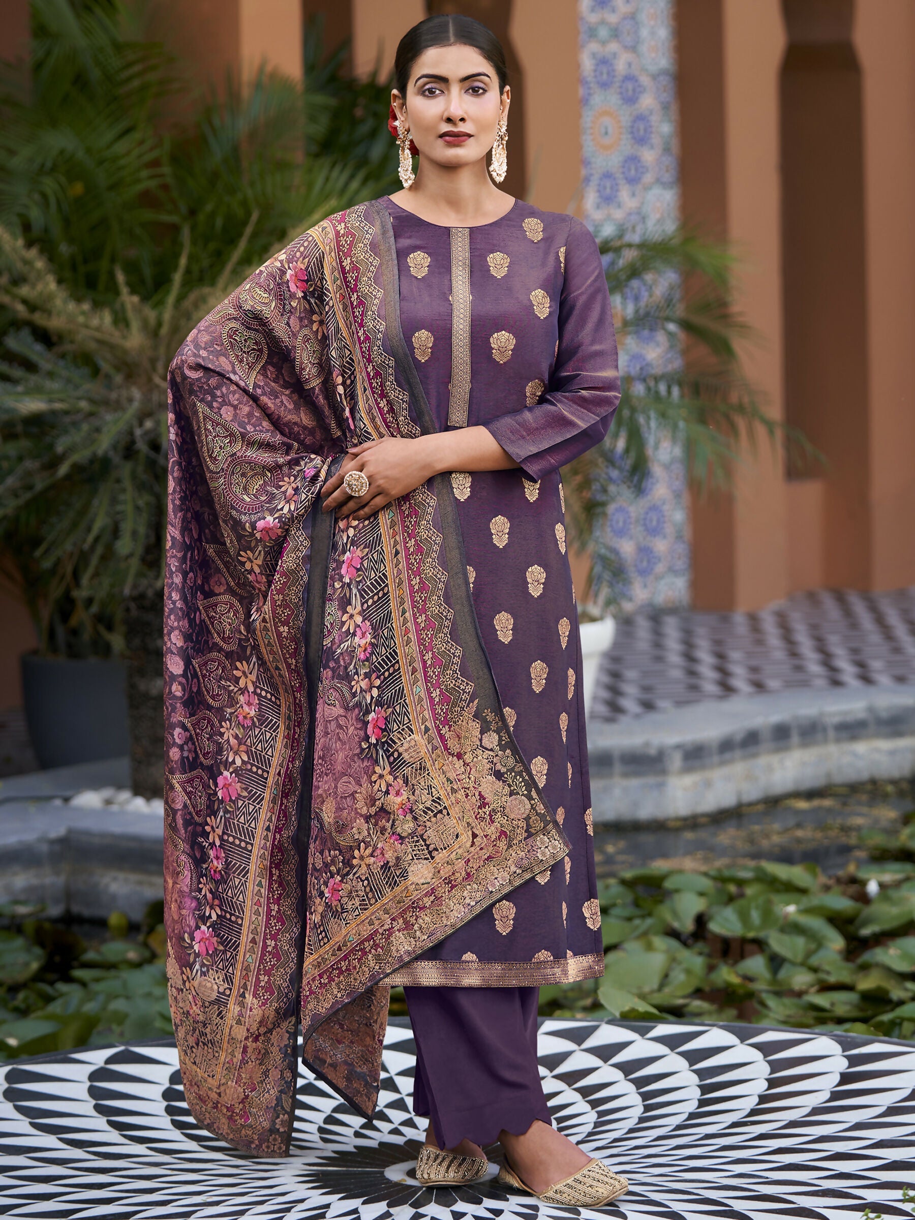 Elegant purple pure silk jacquard woven straight kurta with matching pant and dupatta