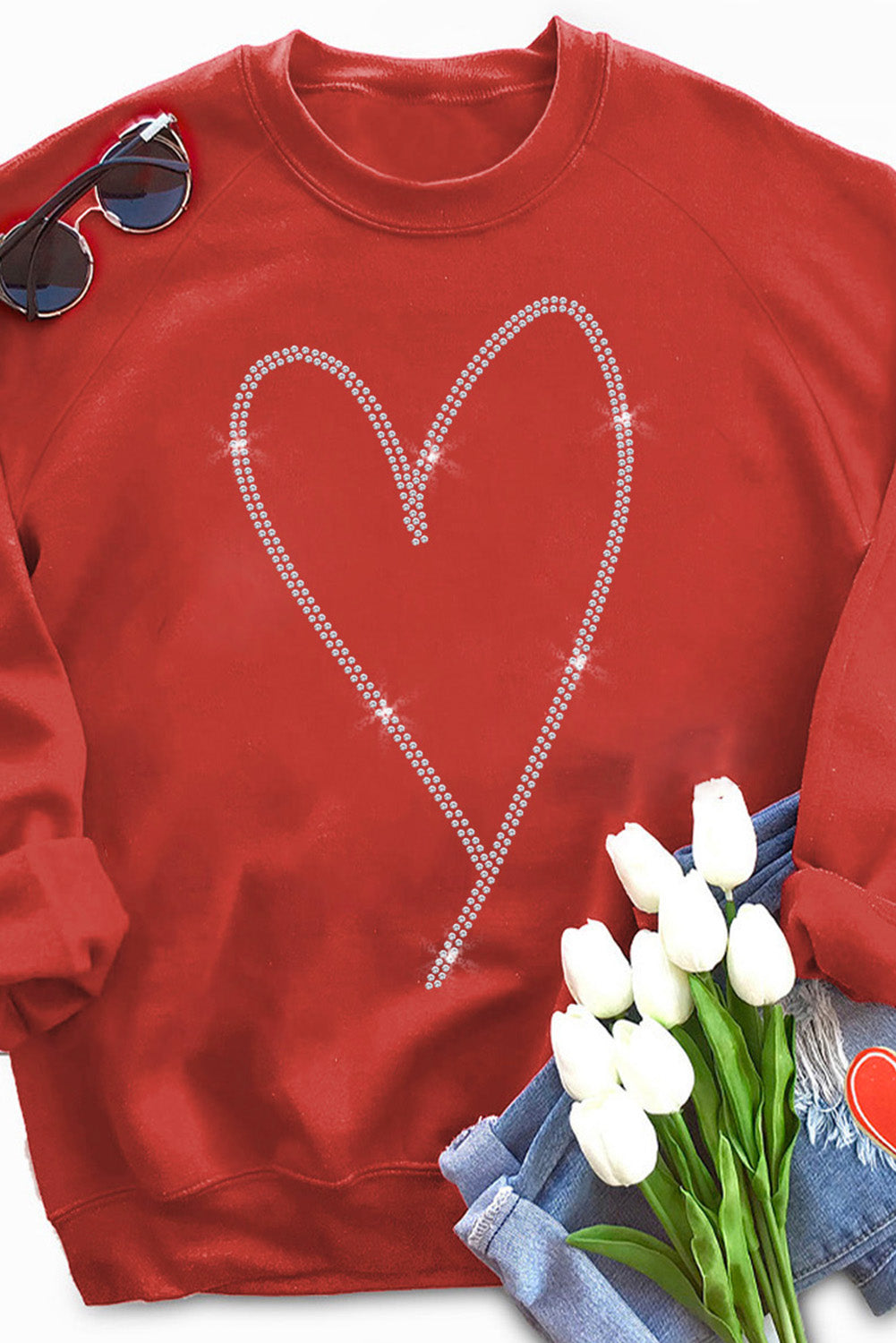 Red Rhinestone Heart Graphic Polyester Sweatshirt