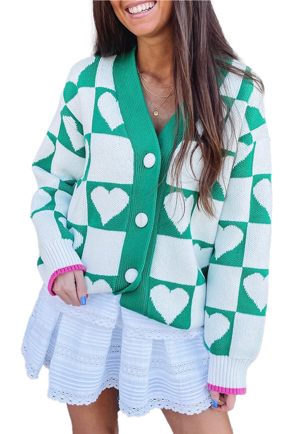 Sea Green Plaid Heart Knit V-Neck Button Down Cardigan