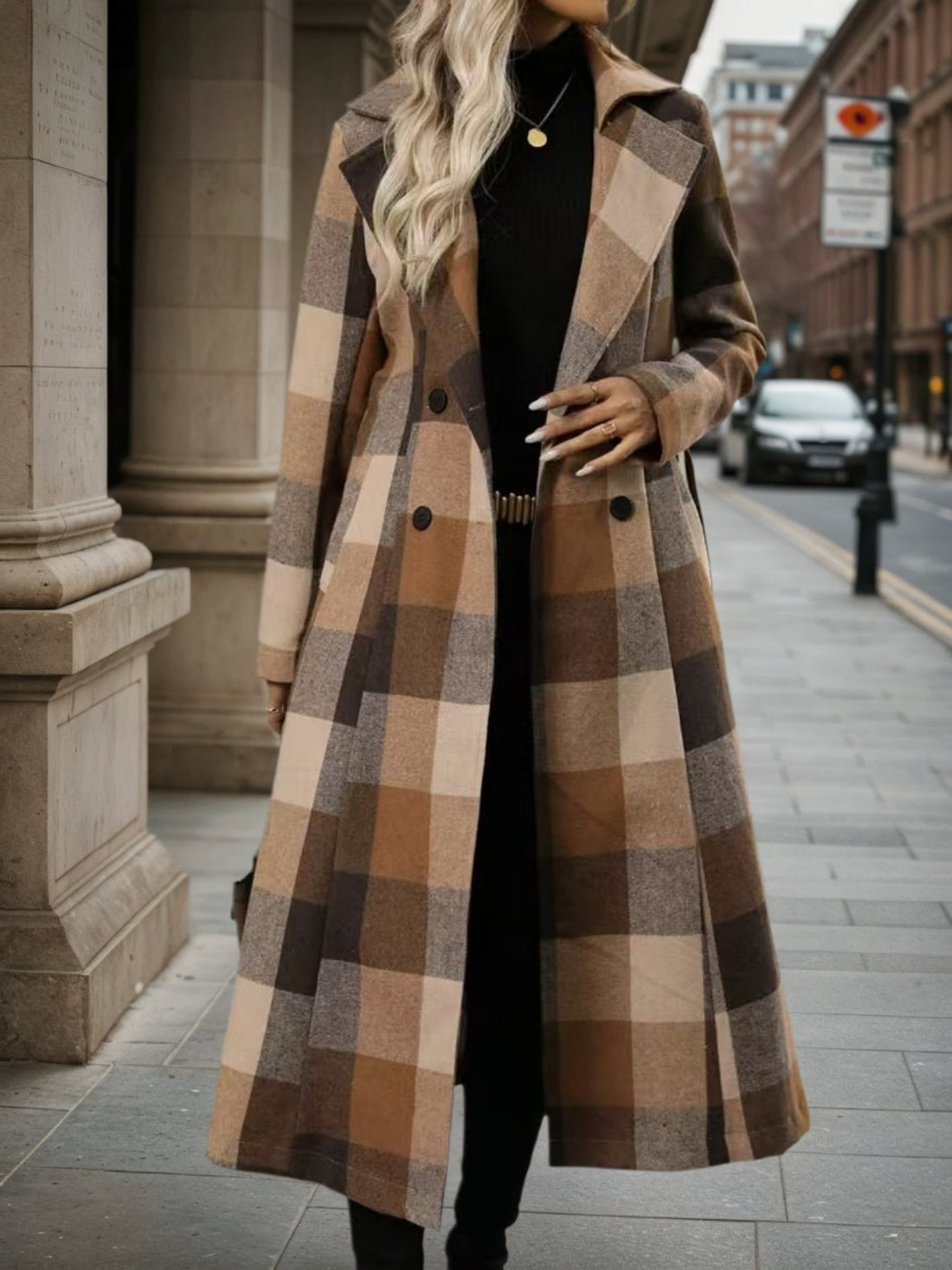 Women’s Lapel Woolen Double-Breasted Long Coat with Lace-Up Detail