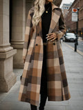 Women’s Lapel Woolen Double-Breasted Long Coat with Lace-Up Detail