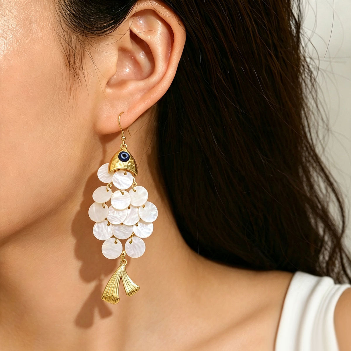 Women Fish Shape Faux Shell Tassel Drop Earrings With Eye Detail, PVD Gold Plated Boho Beach Vacation Statement Jewelry