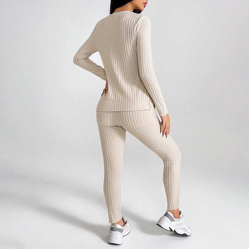 Women's Ribbed Knit Long-Sleeve Tee and Pants Lounge Set - Image 4