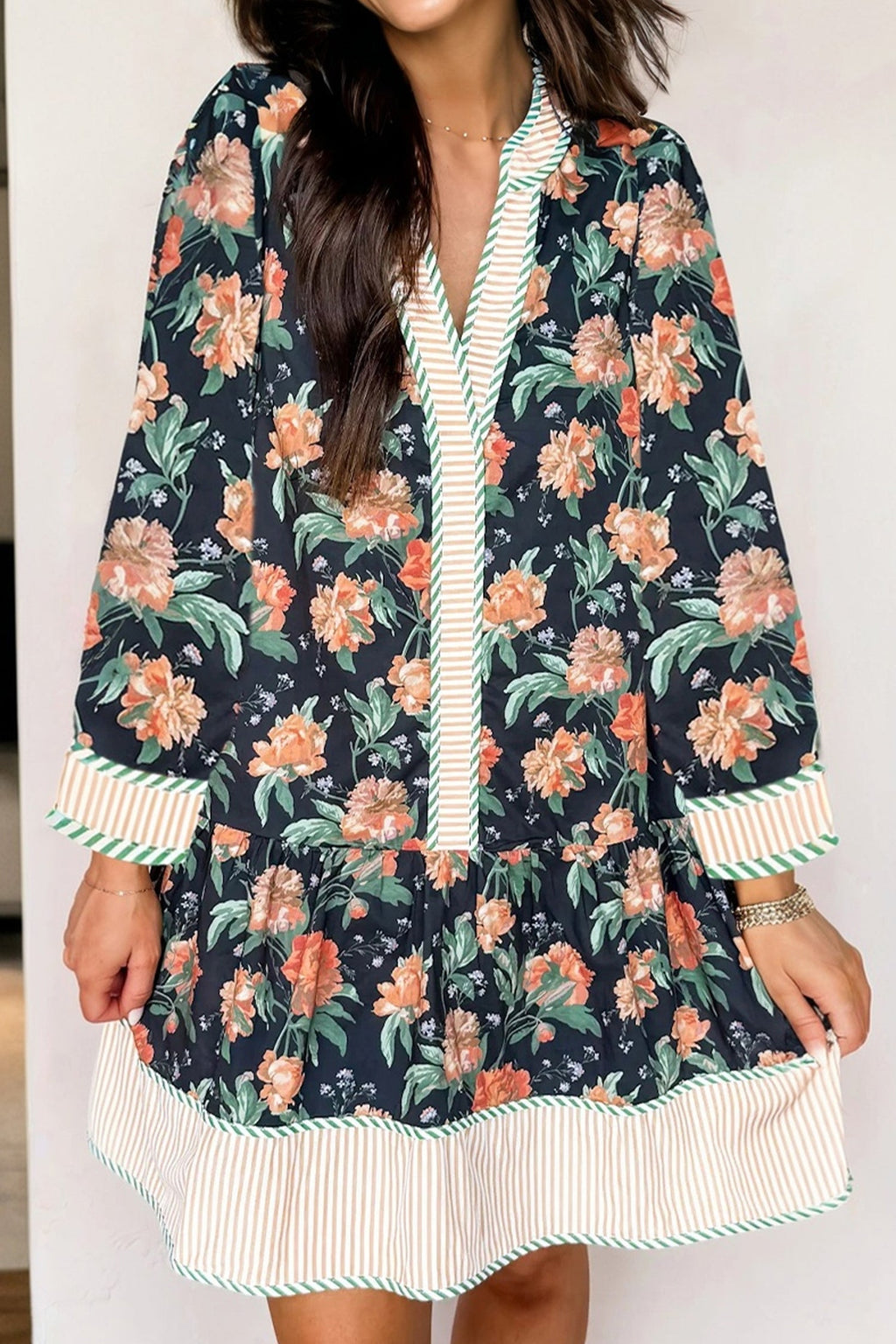 Blue Floral Striped Trim V-Neck Long Sleeve Ruffle Mini Dress