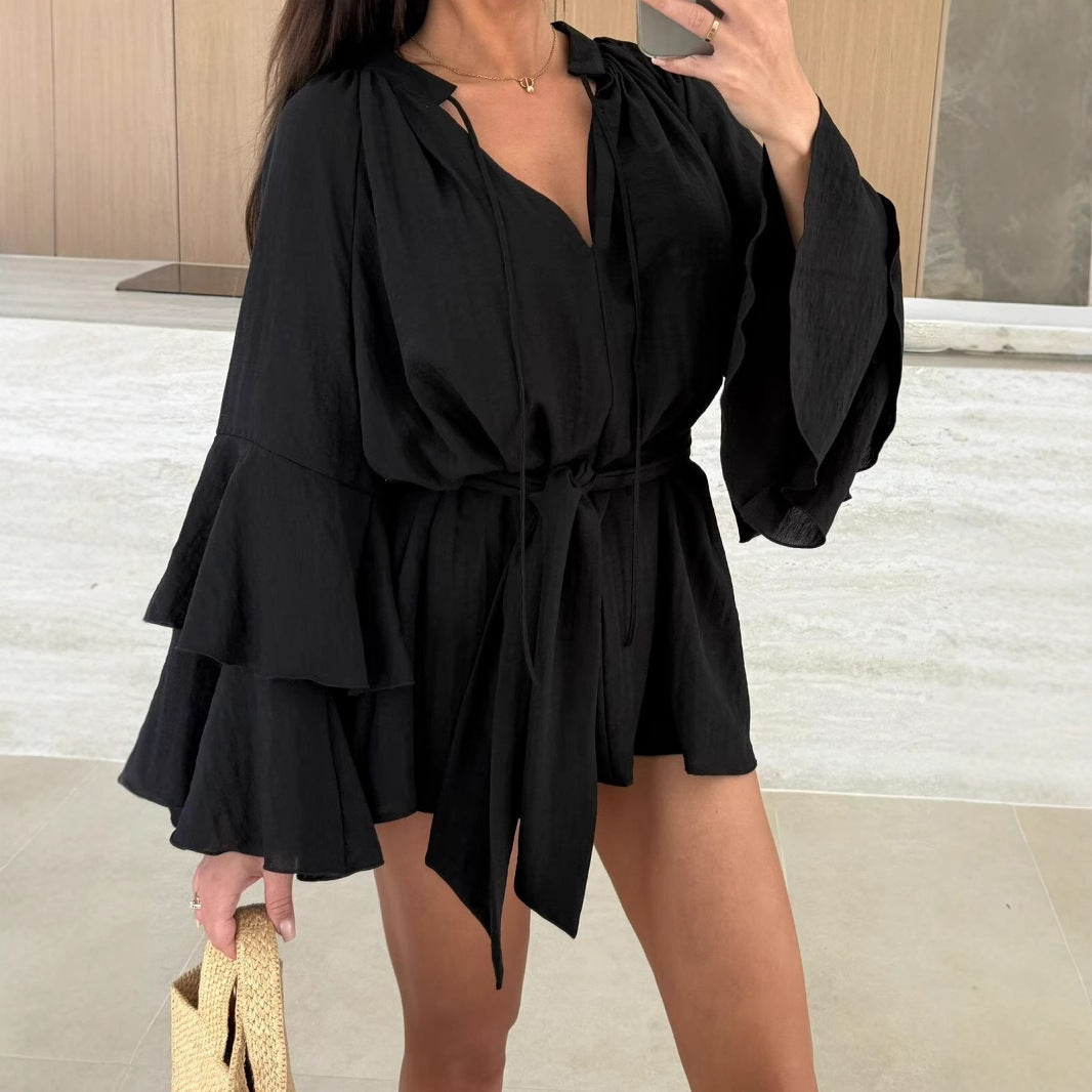 Women's V-Neck Lace-Up Irregular Hem Loose Dress