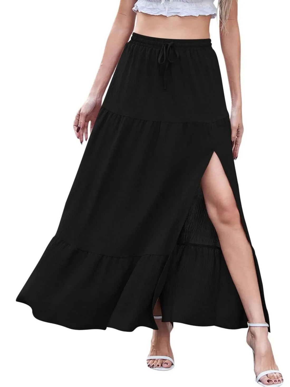 White Tiered Ruffled Maxi Skirt with Side Slit - Image 5