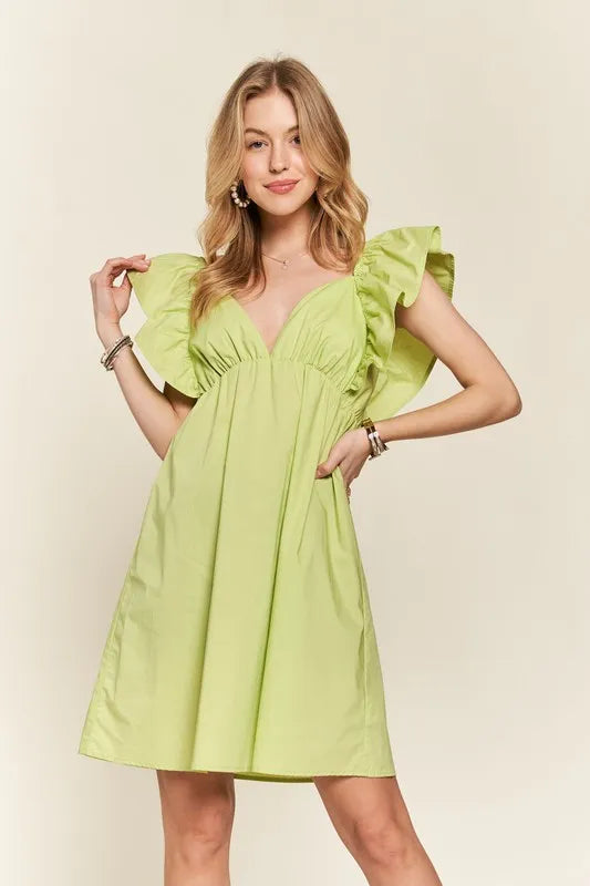 Lime Green Smocked Back Ruffled Cap Sleeve Babydoll Mini Dress