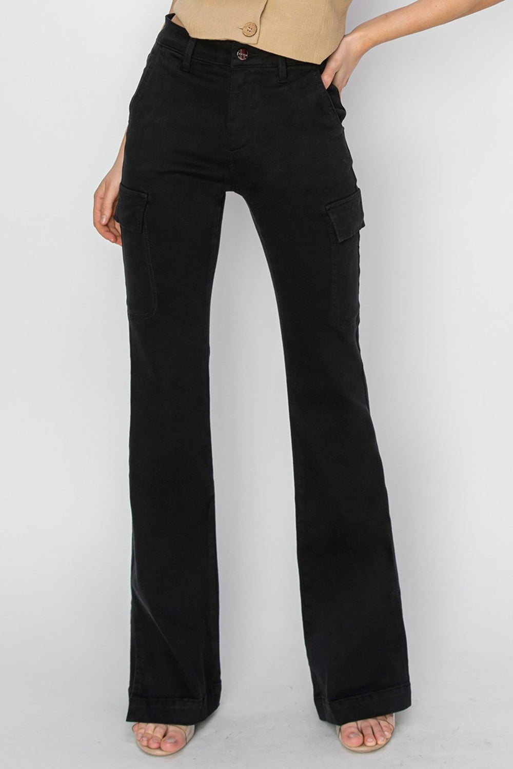 RISEN High Rise Side Slit Cargo Bootcut Jeans Black