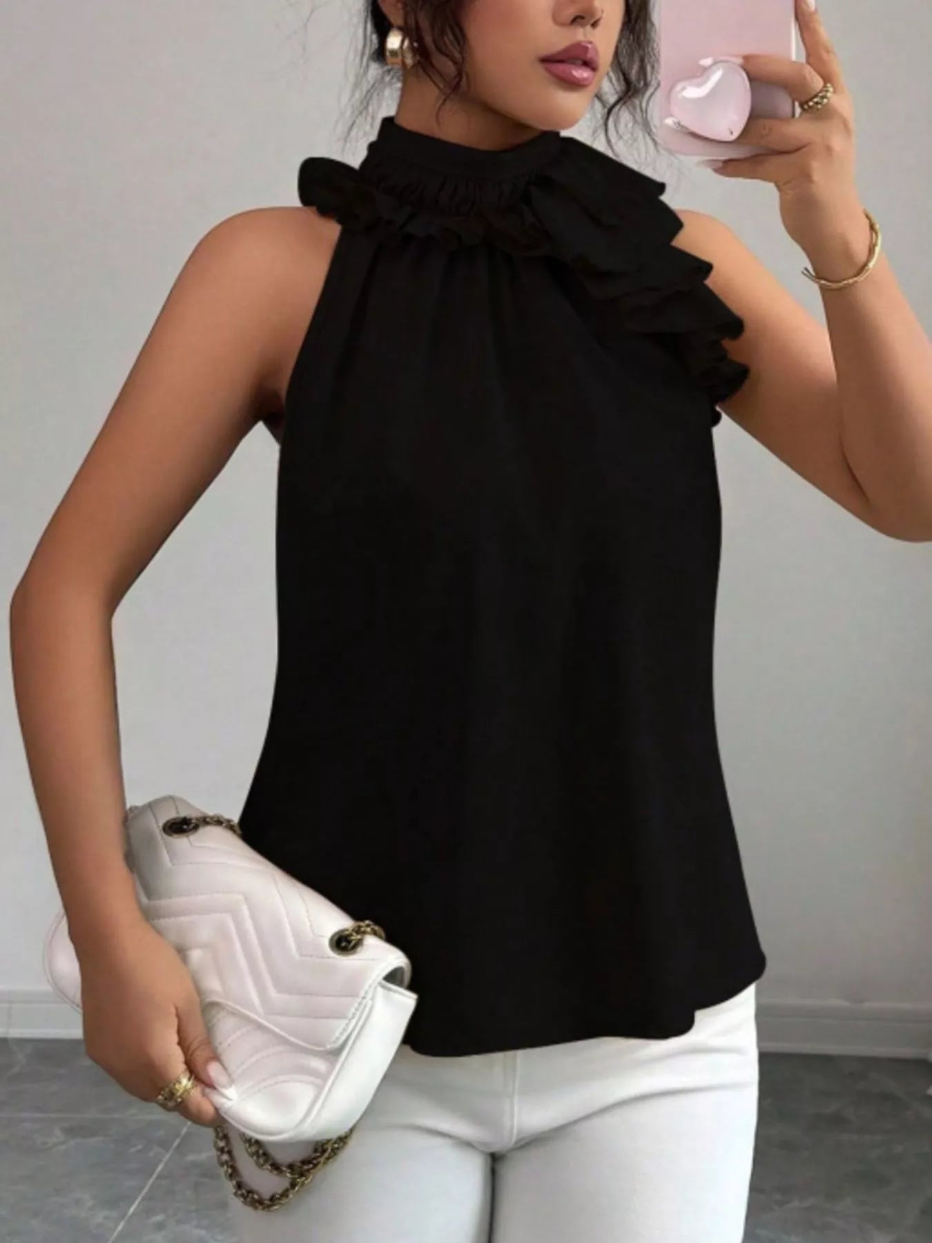 Ruffle High Neck Sleeveless Tank