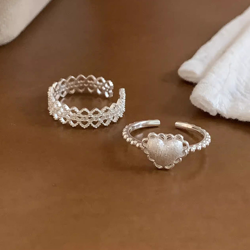 S925 Sterling Silver Brushed Love Heart Ring For Women, INS Korean Sweet Style, Versatile Niche Lace Edge Open Ring