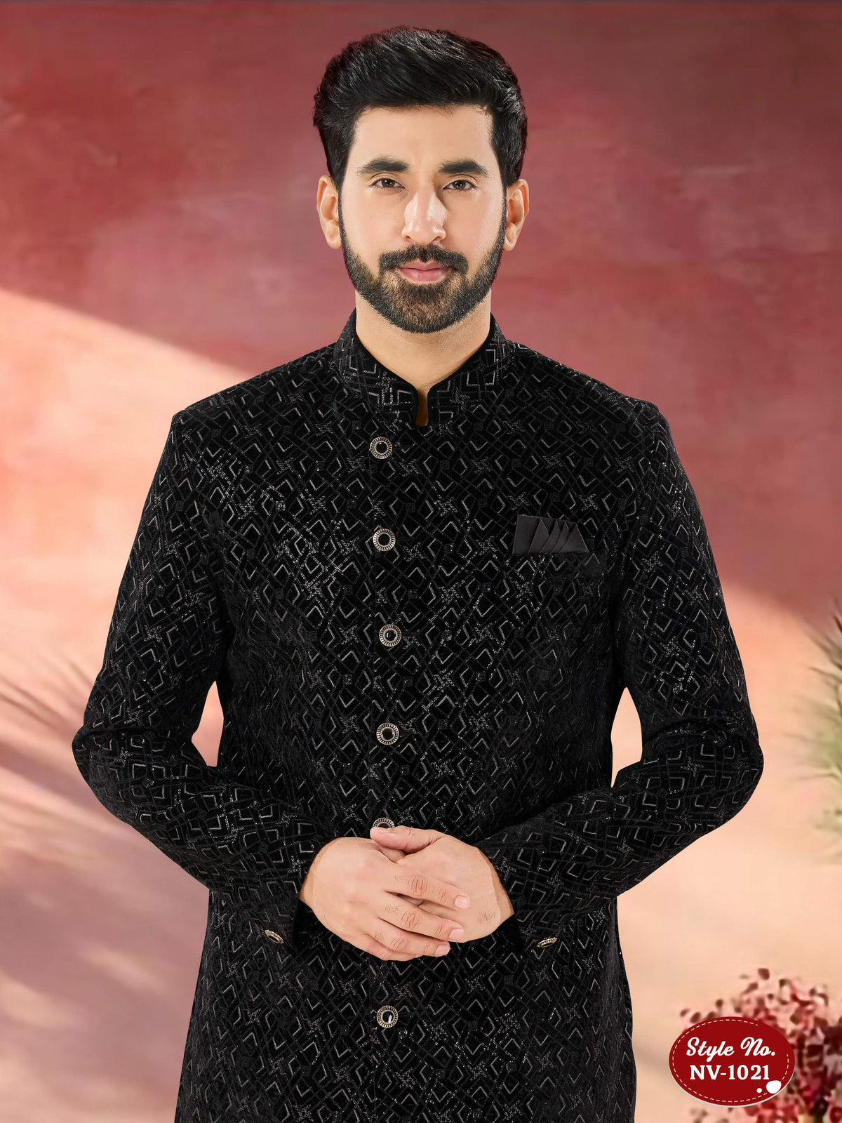 Men's Black Velvet Indo-Western Kurta Set with Thread & Sequence