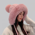 Houndstooth Pom-Pom Knit Beanie with Ear Straps – Warm Plush Winter Hat