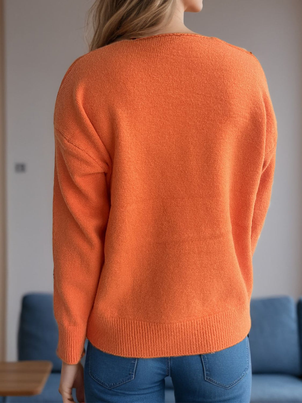 Women's V-Neck Dropped Shoulder Long Sleeve Knit Sweater - Image 19