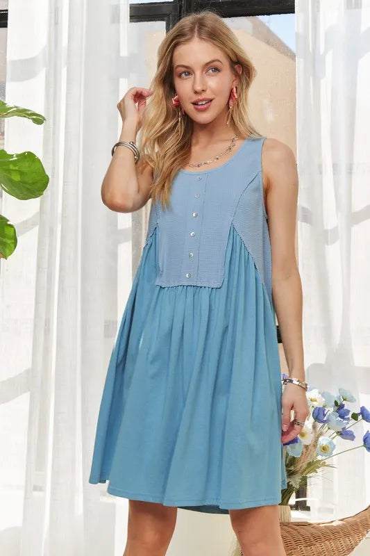 Blue Sleeveless Babydoll Dress with Decorative Buttons