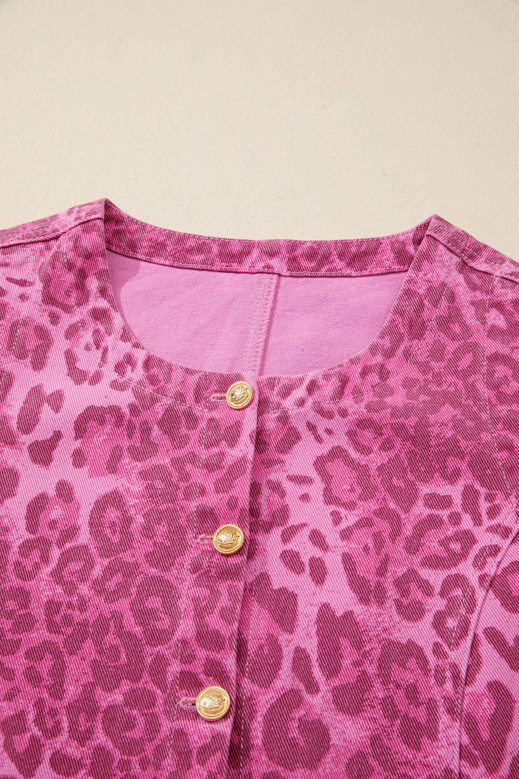 Pink Leopard Print Denim Sleeveless Button Front Mini Dress - Image 4