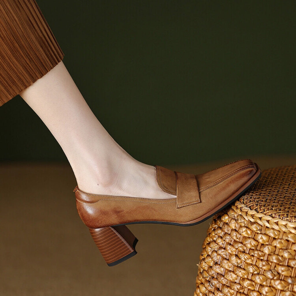 Women's Square Toe Chunky Heel Sheepskin Pumps Retro Dress Shoes - Image 6