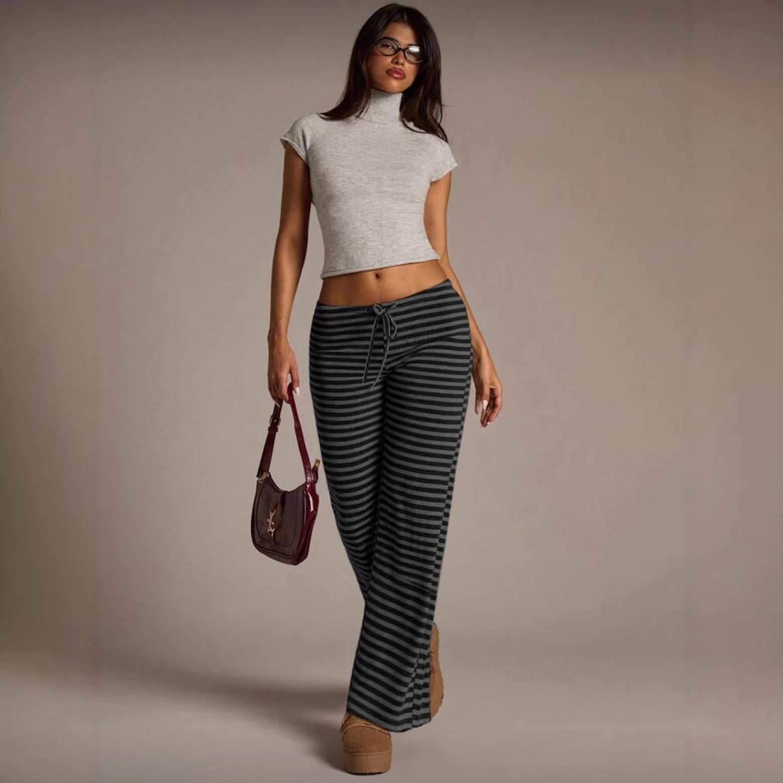 Women's Striped Wide Leg Flare Casual Pants Mid Rise Drawstring - Image 5